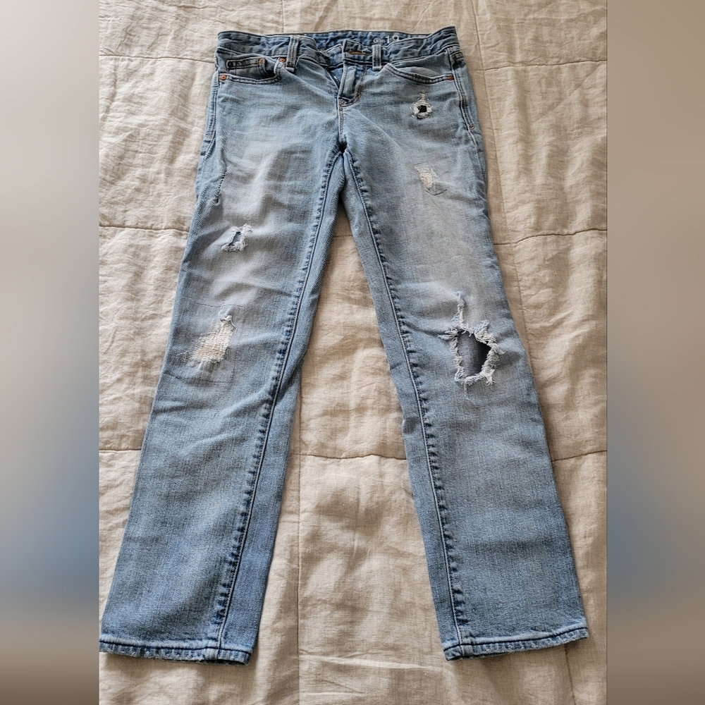 GAP Women's Light Blue Distressed Straight Leg Jeans | Size 24R